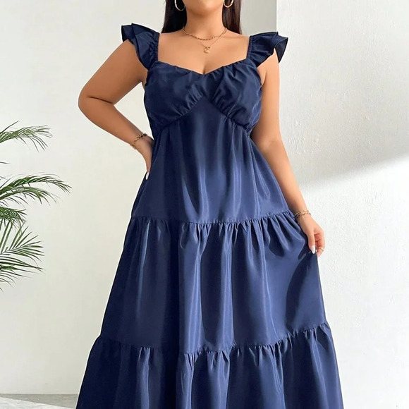 Navy Blue Casual Women's Plus Size V-Neck Sweetheart Sexy Fashion Dress - Picture 4 of 8